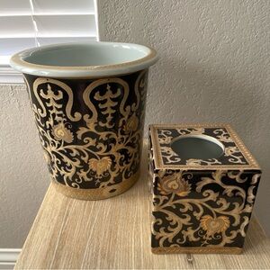 Antique Amita Set 2 Gold Chinese Porcelain Hand-Painted Planter  & Tissue Box lu